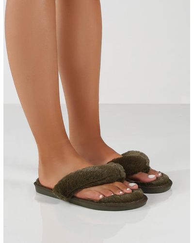 Public Desire Cuddle Khaki Green Thong Strap Faux Fur Slippers