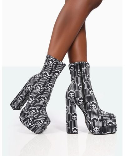 Public Desire Supreme Black Floral Print Nylon Platform Block Heel Ankle Boots - White