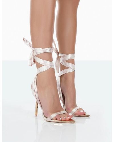 Public Desire On Trend Pink Print Satin Wrap Around Pointed Toe Stiletto Heels