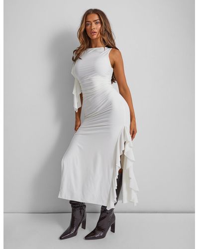 Public Desire Kaiia Slinky Ruched Drape Detail Midi Dress - White
