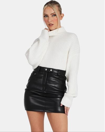 Public Desire High Neck Contrast Stitch Ribbed Knitted Oversized Jumper Ivory - Grey