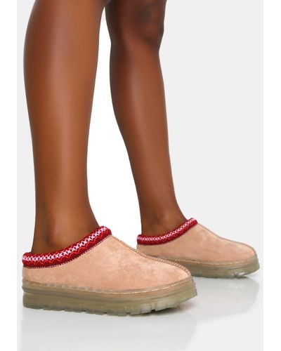 Public Desire Nala Beige Faux Suede Embroidered Slipper Platform Boots - Brown
