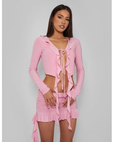 Public Desire Frill Detail Tie Front Cardigan Top Baby Pink
