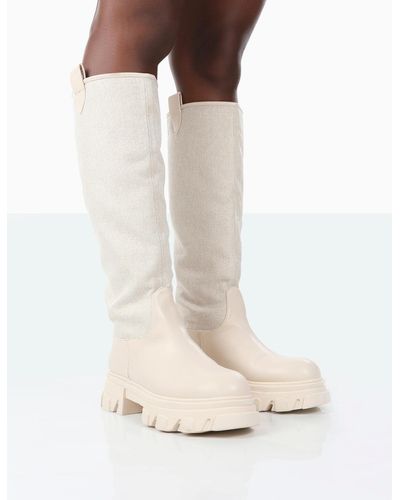 Public Desire Genius Ecru Pu Knee High Linen Platform Chunky Sole Boots - White