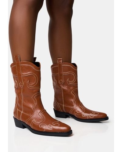 Public Desire Folklore Tan Embroidered Flat Western Ankle Boots - Brown