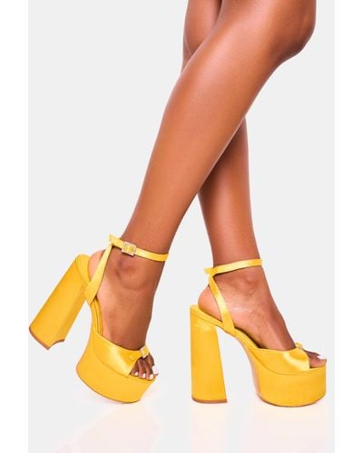 Public Desire Pansie Yellow Satin Diamante Platform Heels - Orange