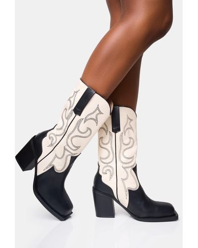 Public Desire Texas Wide Fit Black And Ecru Western Block Heel Ankle Boots - White