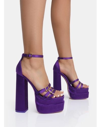 Public Desire Enya Purple Satin Strappy Buckle Square Toe Platform Block Heels