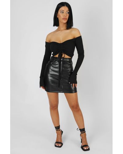 Public Desire Ruched Front Bardot Ribbed Top Black