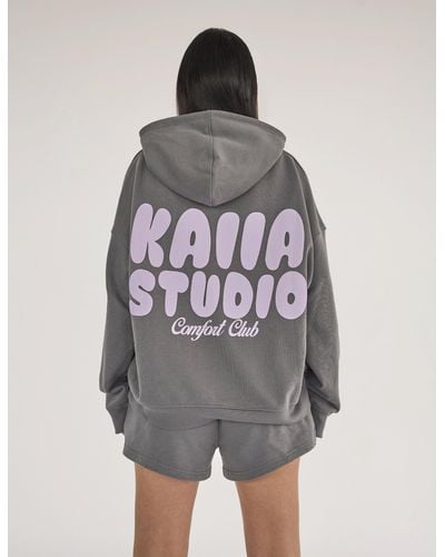 Public Desire Kaiia Studio Bubble Logo Oversized Hoodie Dark Grey & Lilac