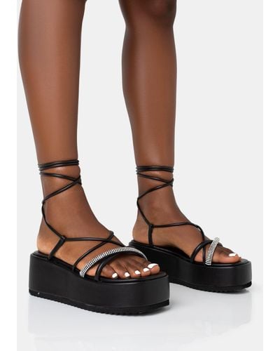Public Desire Malia Black Pu Diamante Strap Lace Up Chunky Platform Sandals - Brown