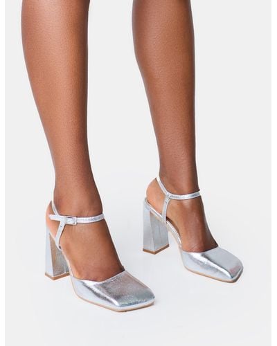 Public Desire Leighton Cracked Silver Slant Toe Block Heels - White