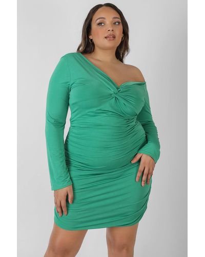Public Desire Curve Twist Wrap Gather Long Sleeve Mini Dress Green