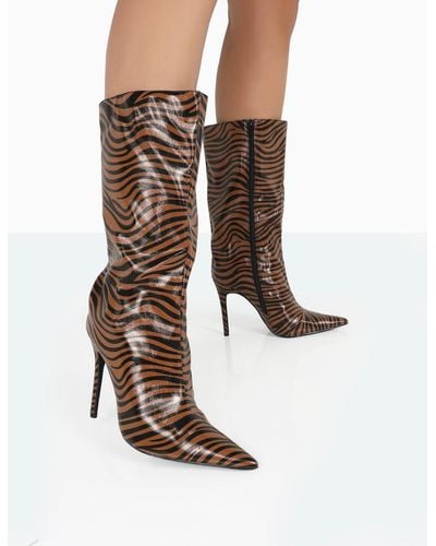 Public Desire Wanda Camel Zebra Pu Pointed Toe Stiletto Knee High Boots - White