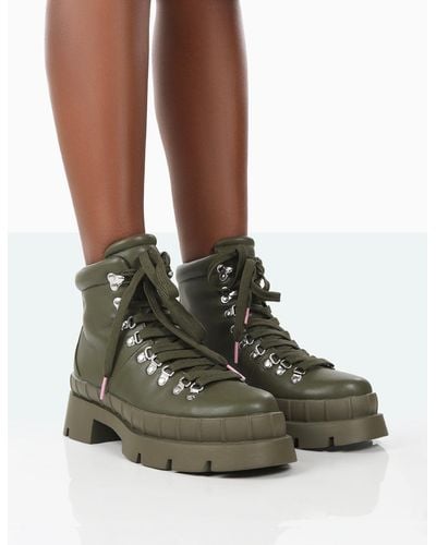 Public Desire Hike There Khaki Pu Lace Up Chunky Sole Winter Boots - Multicolour