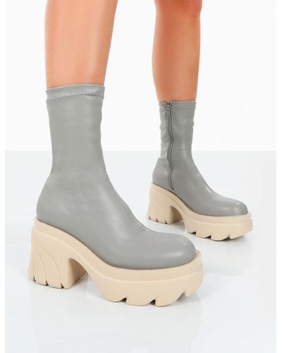 Public Desire Jennie Grey Pu Platform Chunky Sole Heeled Ankle Boots
