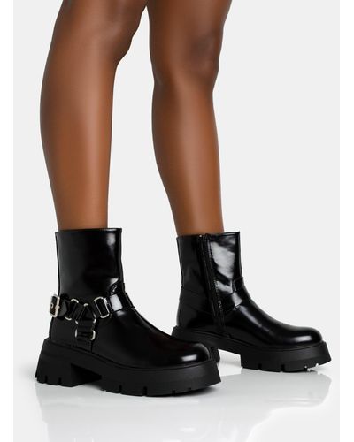 Public Desire Blizzard Black Pu Silver Metal Buckle Detailed Zip Up Rounded Chunky Sole Ankle Boots