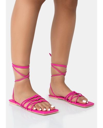 Public Desire Kelly Hot Pink Pu Lace Up Flat Square Toe Sandals
