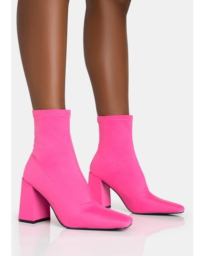 Public Desire Delani Hot Pink Neoprene Zip Up Rounded Pointed Toe Block Heel Ankle Boots