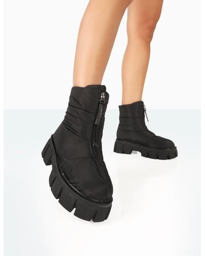 Public Desire Puffy Black Nylon Zip Up Chunky Sole Snow Ankle Boots