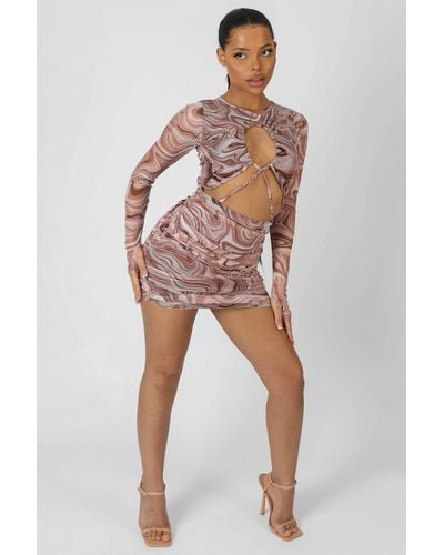 Public Desire Printed Mesh Cut Out Ruched Mini Dress Brown