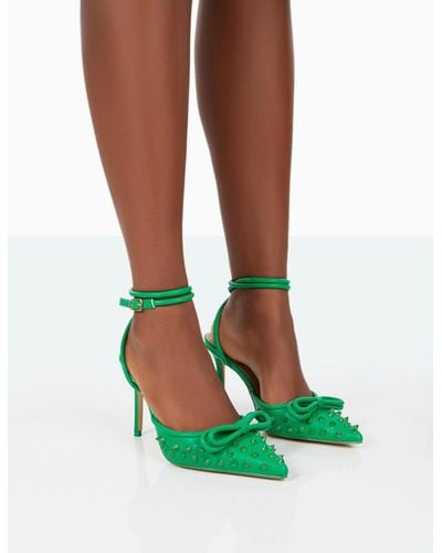 Public Desire Karlie Green Pu Bow Studded Pointed Court Stiletto Heels