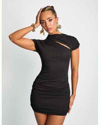 Public Desire Slit Detail Cap Sleeve Mini Dress Black
