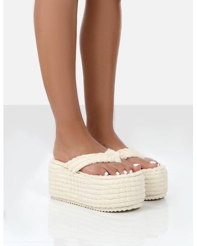 Public Desire Nell Ecru Terry Towelling Platform Wedge Flip Flop Sandals - Multicolour