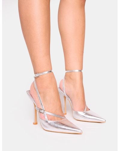 Public Desire Idol Cracked Silver Buckle Strappy Detail Stiletto Pointed To Court High Heels - White