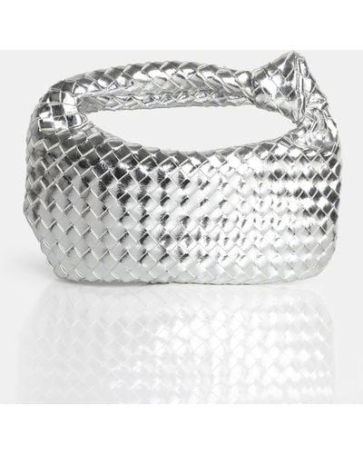 Public Desire The Blame Metallic Silver Mirror Woven Pu Knot Detail Mini Grab Bag - Grey