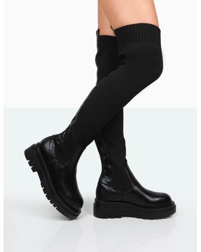 Public Desire New-me Black Pu And Knit Over The Knee Chunky Sole Sock Fit Boots