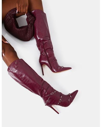Public Desire Doja Wide Fit Burgundy Croc Studded Zip Detail Pointed Toe Stiletto Knee High Boots - Purple