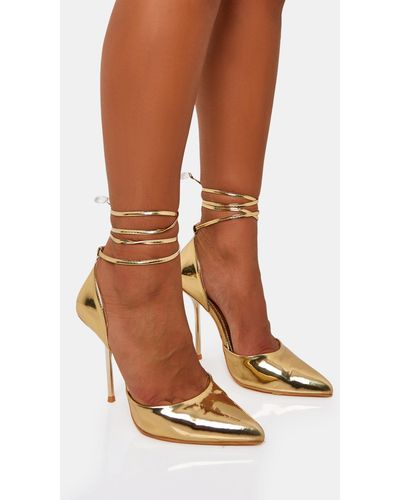Public Desire Masterpiece Gold Metallic Mirror Pointed Toe Court Stiletto Heels - Brown