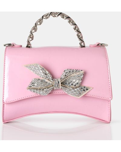 Public Desire The Bow Baby Pink Patent Chain Handle Diamante Grab Bag
