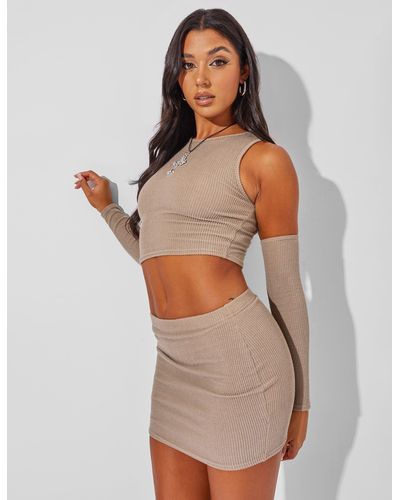 Public Desire Ribbed Crop Top With Sleeves Co Ord Brown