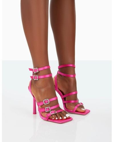 Public Desire Lindsey Fuchsia Pink Satin Strappy Square Toe Stiletto Heels