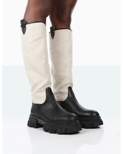 Public Desire Genius Black Pu Knee High Linen Platform Chunky Sole Boots