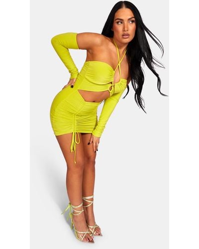 Public Desire Strappy Cut Away Slinky Dress Lime - Yellow