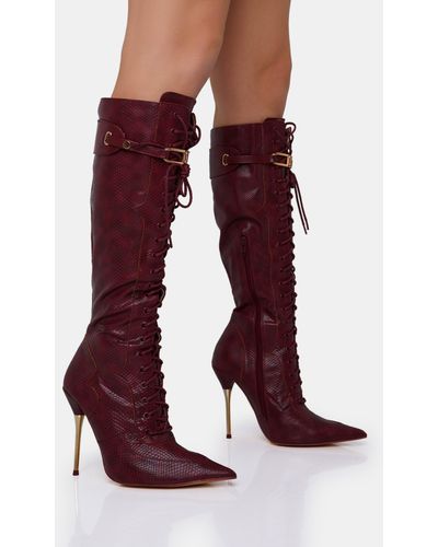 Public Desire Infatuated Burgundy Croc Lace Up Buckle Feature Pointed Toe Gold Stiletto Knee High Boots - Purple