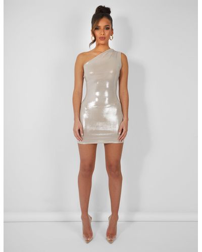 Public Desire One Shoulder Ruched Metallic Mini Dress Champagne - White