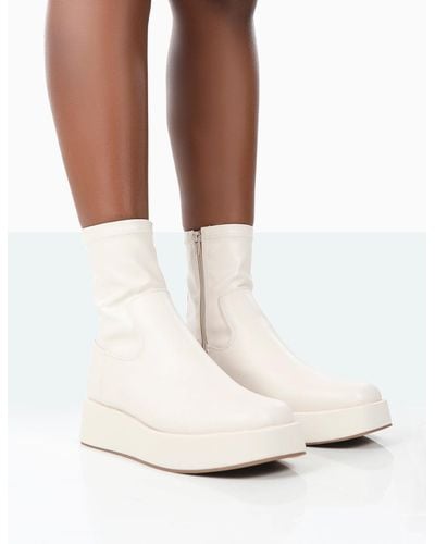 Public Desire Not Okay Ecru Pu Chunky Sole Platform Sock Ankle Boots - White