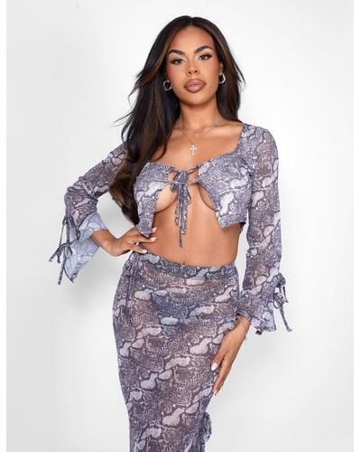 Public Desire Kaiia Tie Front Sheer Mesh Top Co-ord In Snake Print - Blue