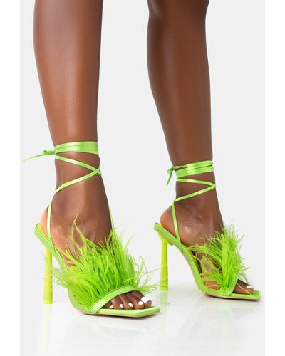 Public Desire Iconic Lime Satin & Lime Feather Detail Square Toe High Heels - Green