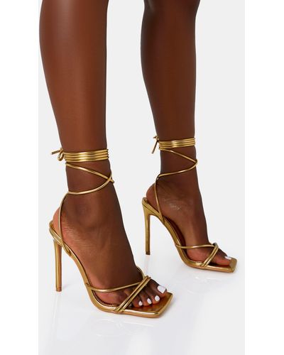 Public Desire Dax Wide Fit Gold Pu Barely There Lace Up Square Toe Stiletto Heels - Brown