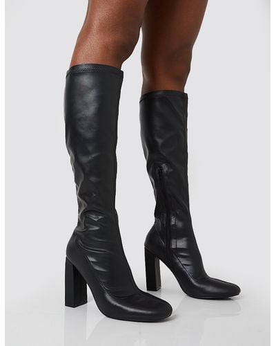 Public Desire Christina Black Pu Pointed Toe Block Heel Knee High Boots - Multicolour