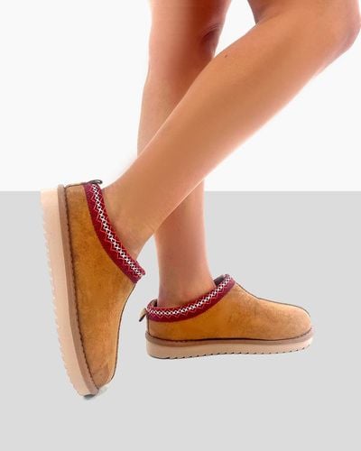 Public Desire Tamsin Tan Brown Faux Suede Red Embroidered Slipper Boots - Orange