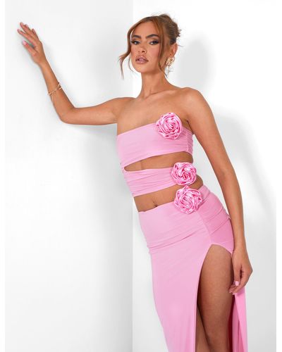 Public Desire Rose Detail Extreme Split Maxi Skirt Pink