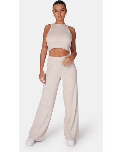 Public Desire V Front Low Waisted Wide Leg Knitted Trousers Oatmeal - White