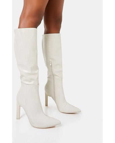 Public Desire Unite Ecru Croc Pointed Toe Knee High Block Heeled Boots - White