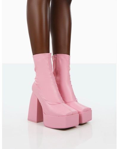 Public Desire Own Thing Wide Fit Pink Pu Chunky Square Toe Platform Heel Block Ankle Boots